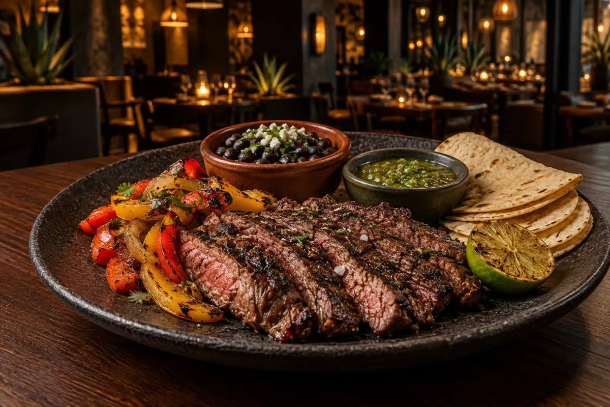 Aufgeschnittenes gegrilltes Rindersteak mit gegrillter Paprika, einer Schale schwarzer Bohnen, Salsa Verde, Maistortillas und einer gegrillten Limette auf einem dunklen Teller