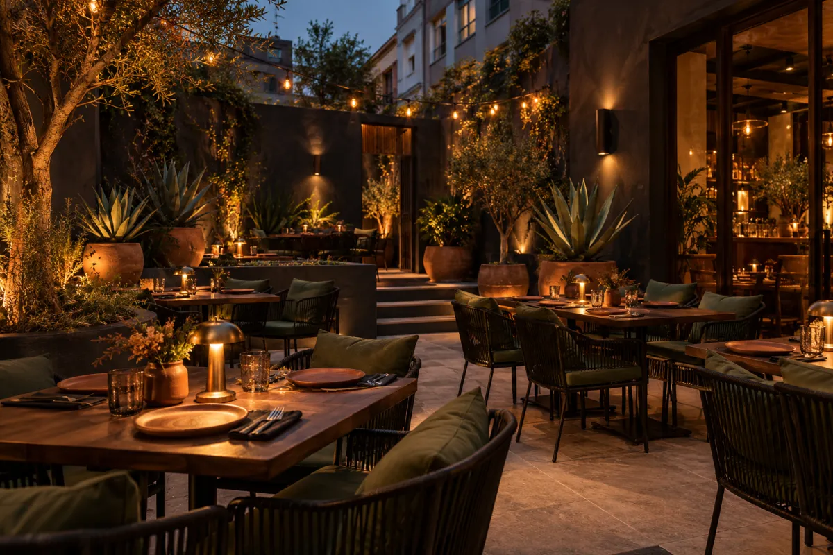 Terrasse in der Dämmerung: gedeckte Holztische, Stühle mit grünen Kissen, Lichterketten, Agaven und Olivenbäume in Tontöpfen