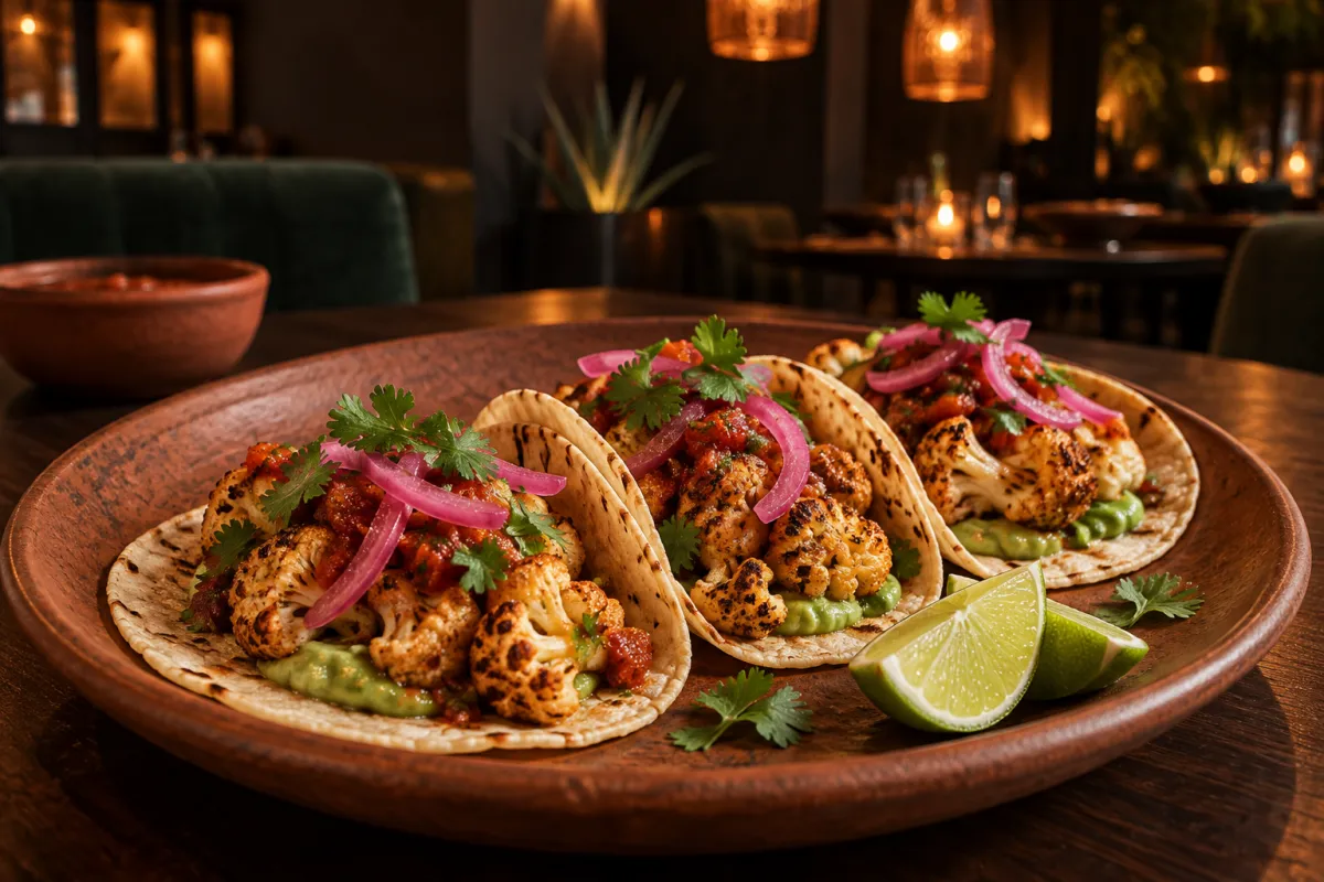 Drei Tacos mit geröstetem Blumenkohl, Avocadocreme, rosa eingelegten Zwiebeln, Tomatensalsa und Koriander auf einem Terrakotta-Teller mit Limettenspalten